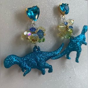 Trex Dinosaur blue heart earrings prehistoric Jurassic glitter sparkle crystal